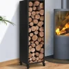 IDMarket Porte-bûche intérieur 112 cm acier noir plein avec roulettes* Accessoires Cheminée