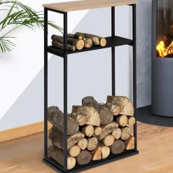 IDMarket Porte-bûches intérieur vertical 33x66x112 cm en métal noir avec étagère* Accessoires Cheminée|Stockage Du Bois