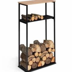 IDMarket Porte-bûches intérieur vertical 33x66x112 cm en métal noir avec étagère* Accessoires Cheminée|Stockage Du Bois