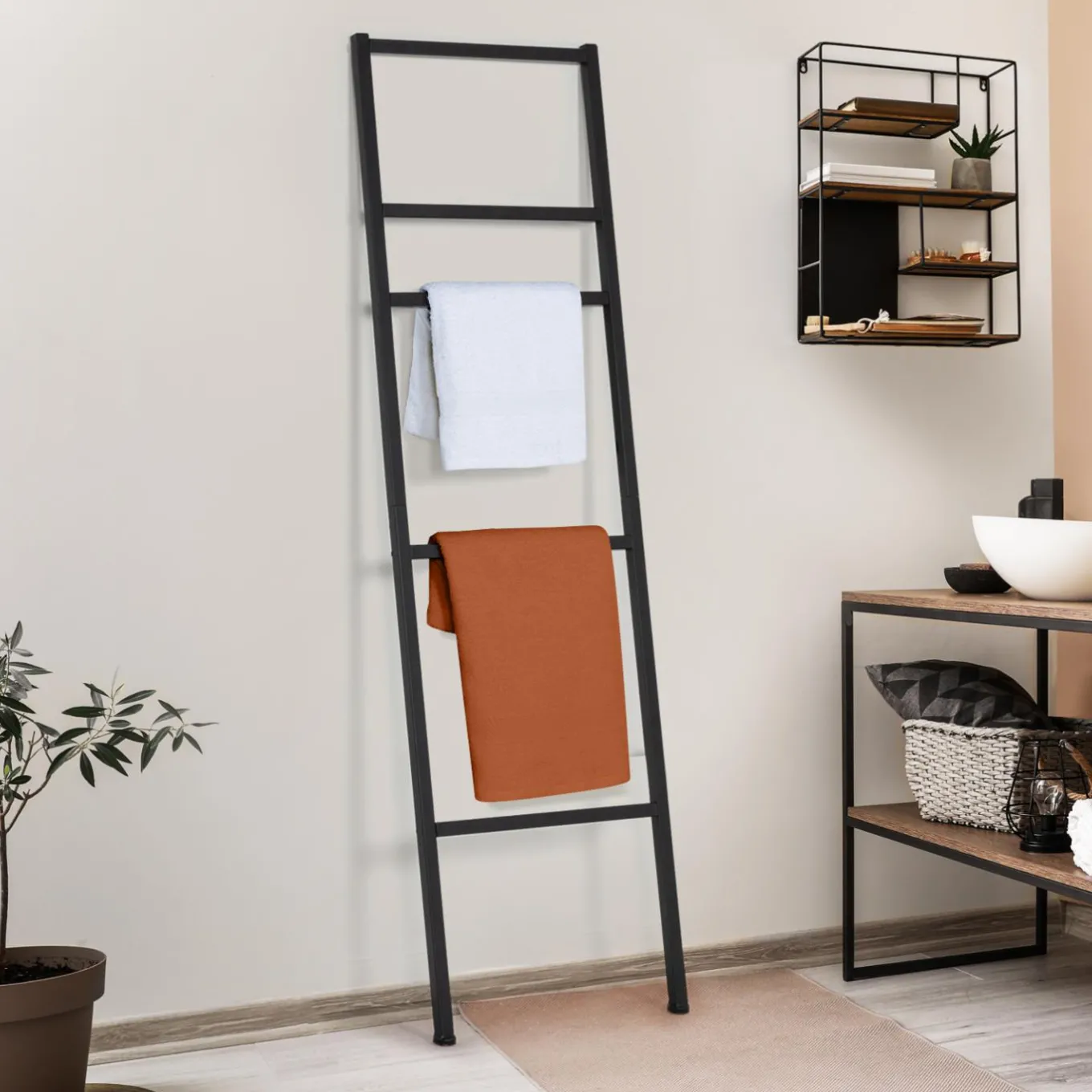 IDMarket Porte-serviettes échelle pour salle de bain en métal noir* Collection Industrielle|Accessoires Salle De Bain