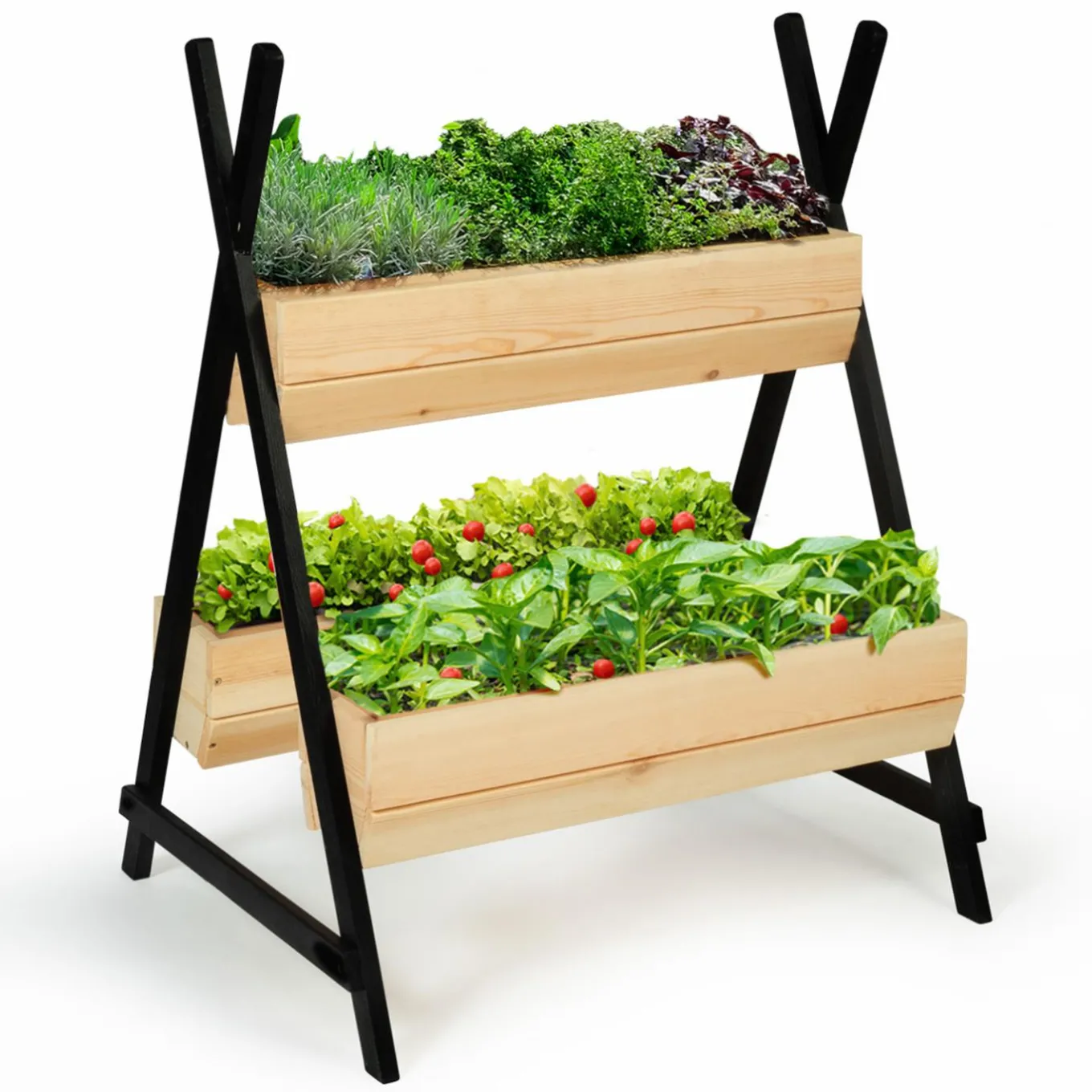 IDMarket Potager 3 bacs bois finitions noires jardinière tipi* Carrés Potager