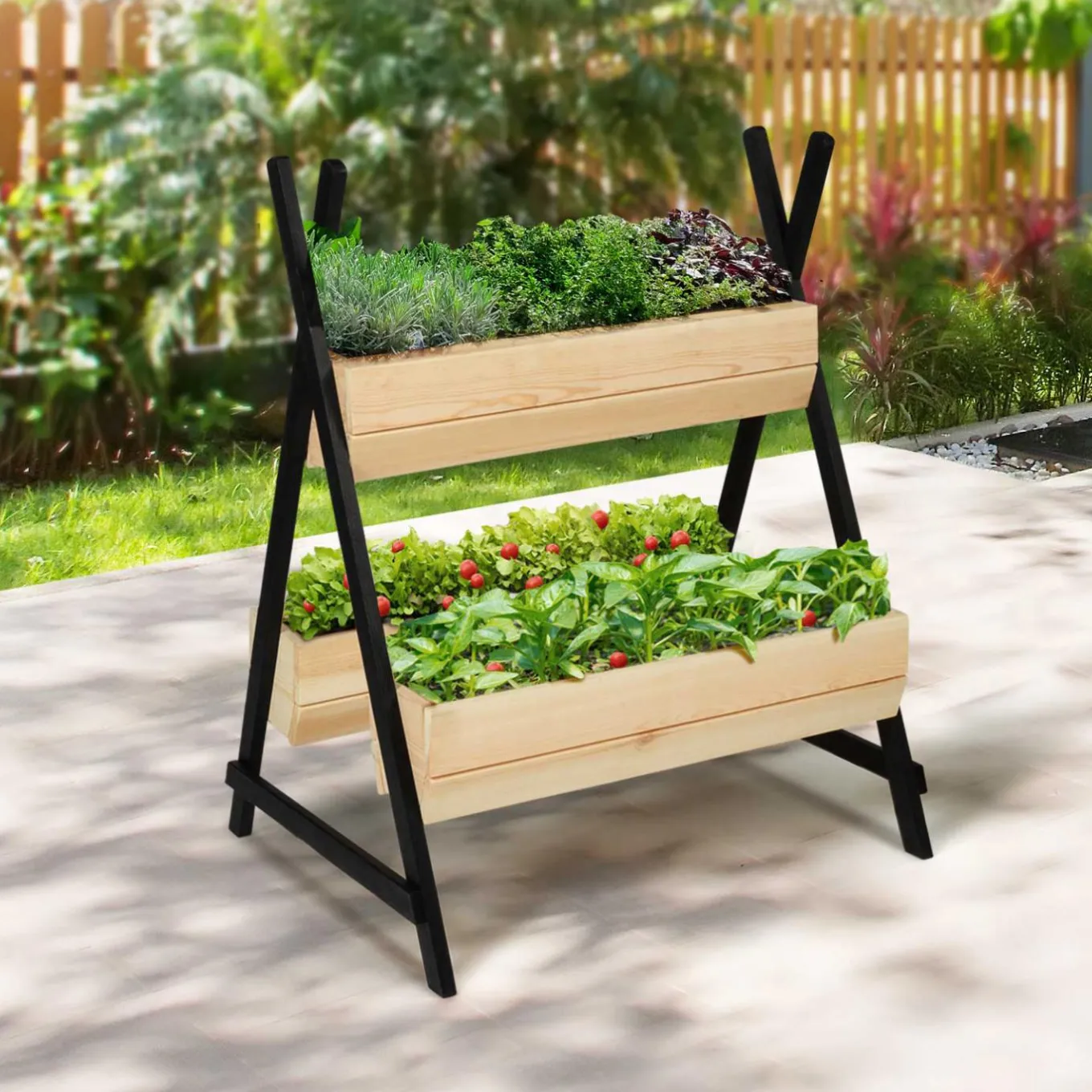 IDMarket Potager 3 bacs bois finitions noires jardinière tipi* Carrés Potager