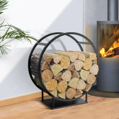 IDMarket Range bûches rond avec étagère en acier noir* Accessoires Cheminée