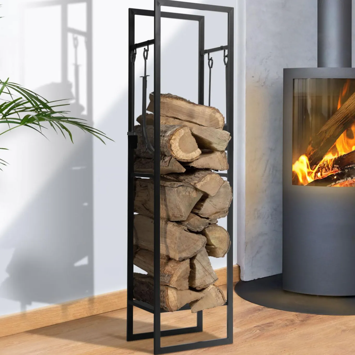 IDMarket Range bûches vertical en acier noir et accessoires* Accessoires Cheminée