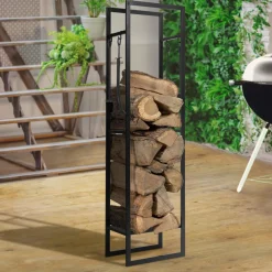 IDMarket Range bûches vertical en acier noir et accessoires* Accessoires Cheminée