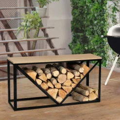 IDMarket Range-bûches intérieur horizontal en métal noir et étagère bois* Accessoires Cheminée|Stockage Du Bois