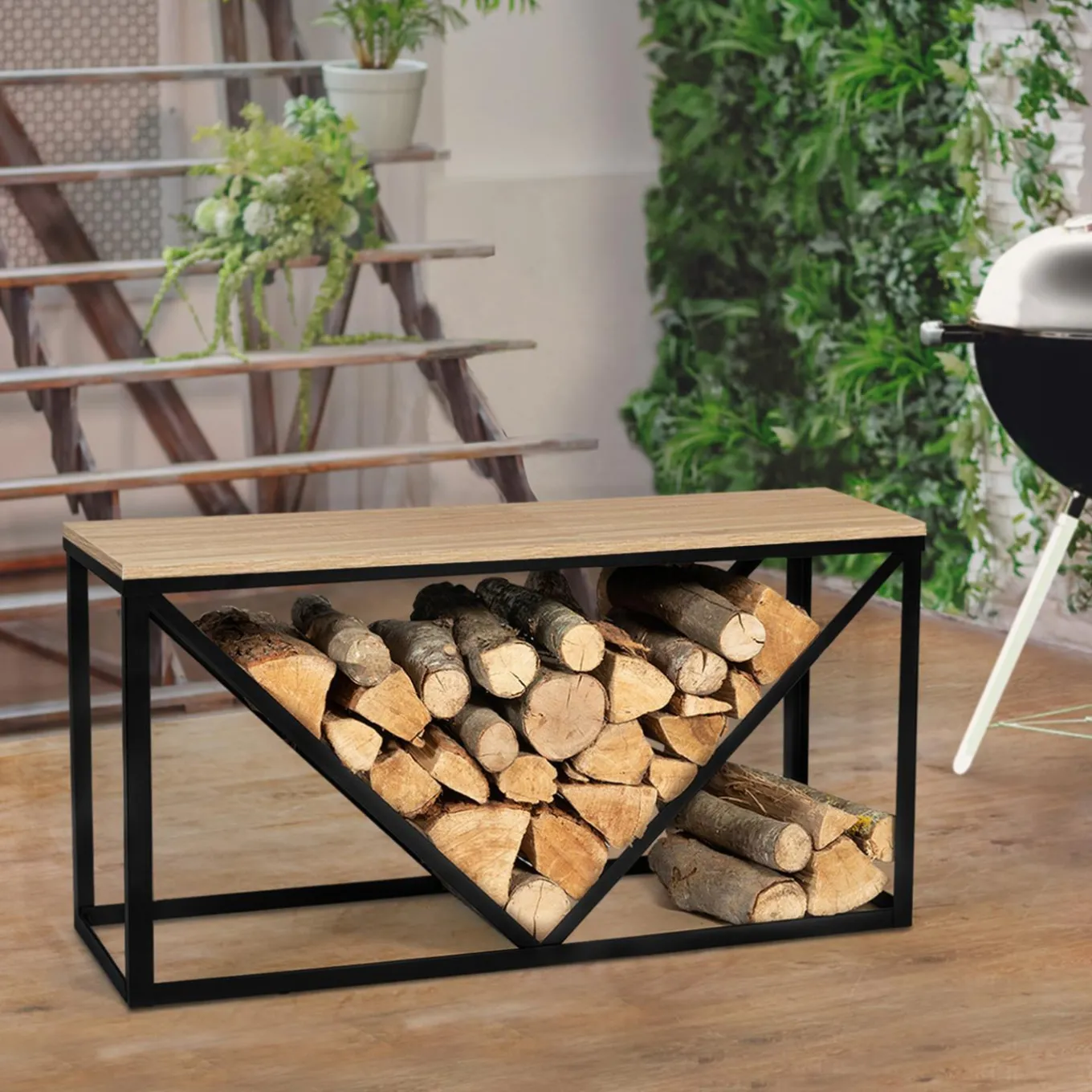 IDMarket Range-bûches intérieur horizontal en métal noir et étagère bois* Accessoires Cheminée|Stockage Du Bois