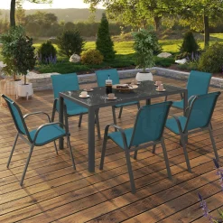 IDMarket Salon de jardin 6 personnes chaises empilables bleu canard table 150 cm* Salons De Jardin