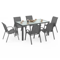 IDMarket Salon de jardin 6 personnes chaises empilables gris anthracite table 150 cm* Salons De Jardin