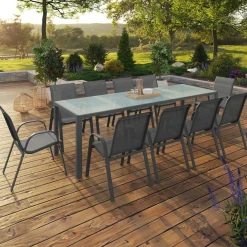IDMarket Salon de jardin 10 personnes table 240 cm plateau clair et chaises empilables gris anthracite* Salons De Jardin