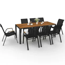 IDMarket Salon de jardin avec plateau effet bois et chaises empilables noir et bois* Salons De Jardin