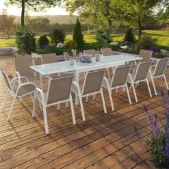 IDMarket Salon de jardin avec table extensible 135-270 cm et 12 chaises empilables blanc et beige* Salons De Jardin
