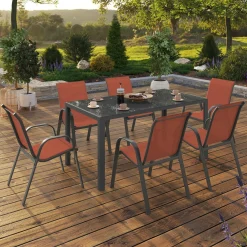 IDMarket Salon de jardin avec table 150 cm et 6 chaises empilables terracotta et acier* Salons De Jardin