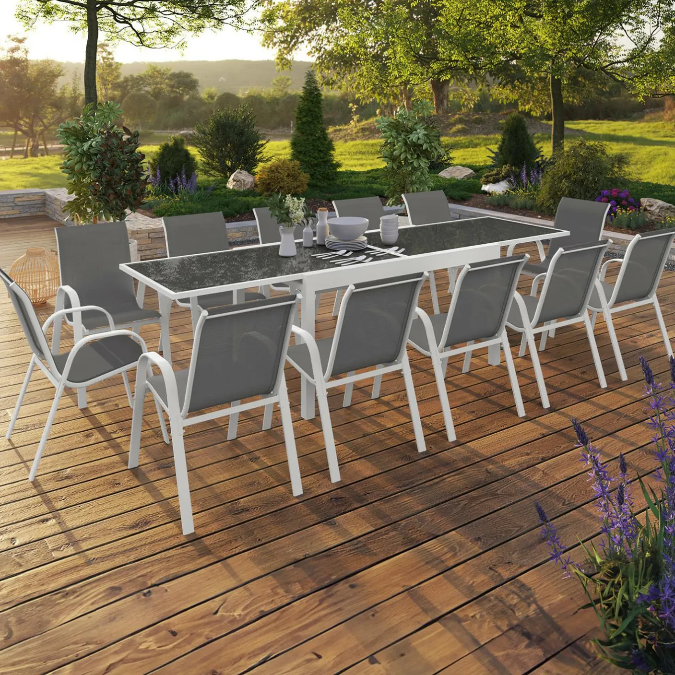 IDMarket Salon de jardin avec table en verre trempé et 12 chaises* Salons De Jardin