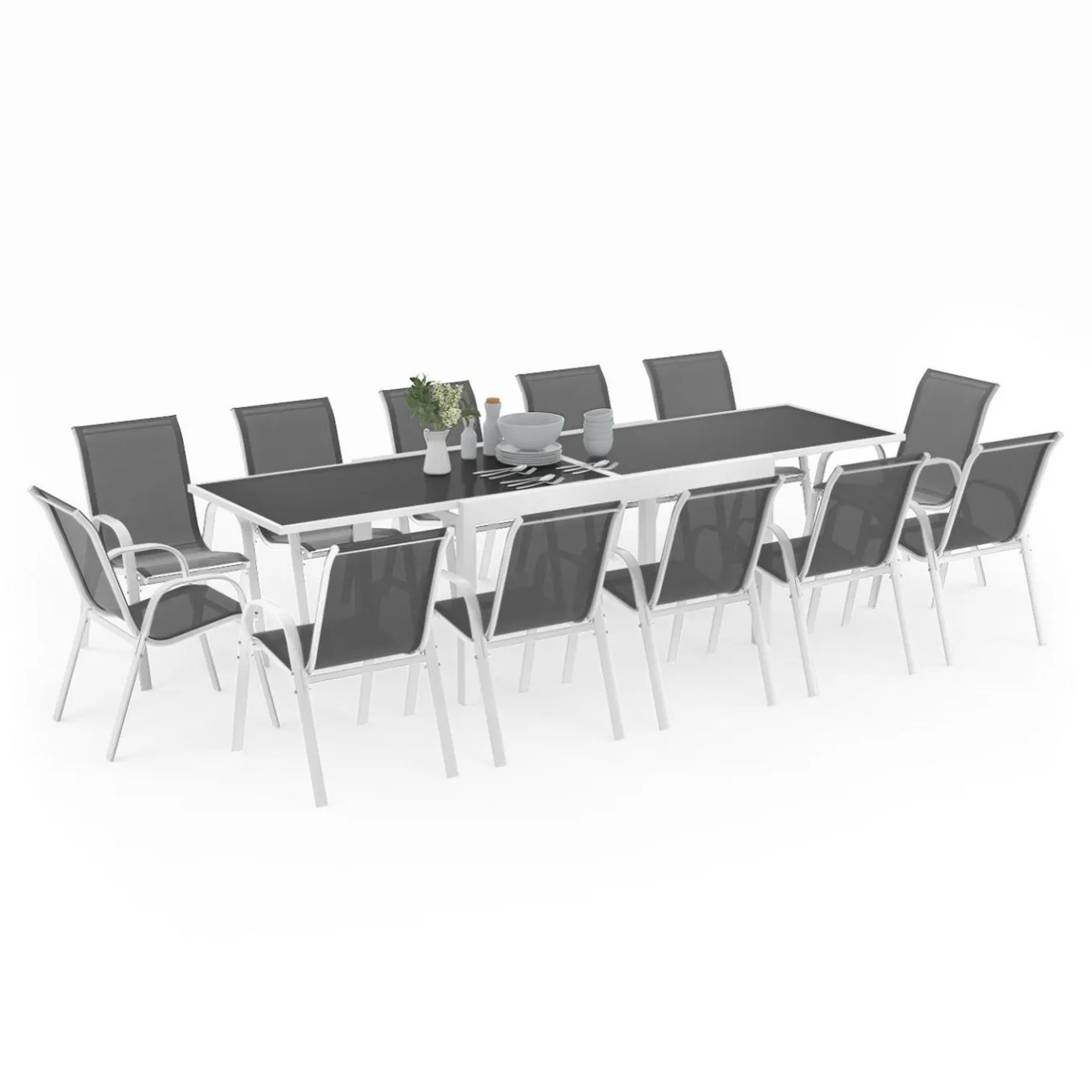 IDMarket Salon de jardin avec table en verre trempé et 12 chaises* Salons De Jardin