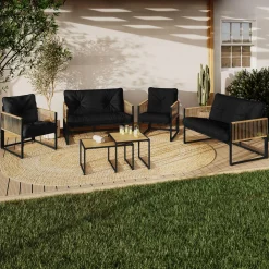 IDMarket Salon de jardin bas 6 personnes canapés et fauteuils noir et cordage effet rotin clair avec tables basses* Salons De Jardin