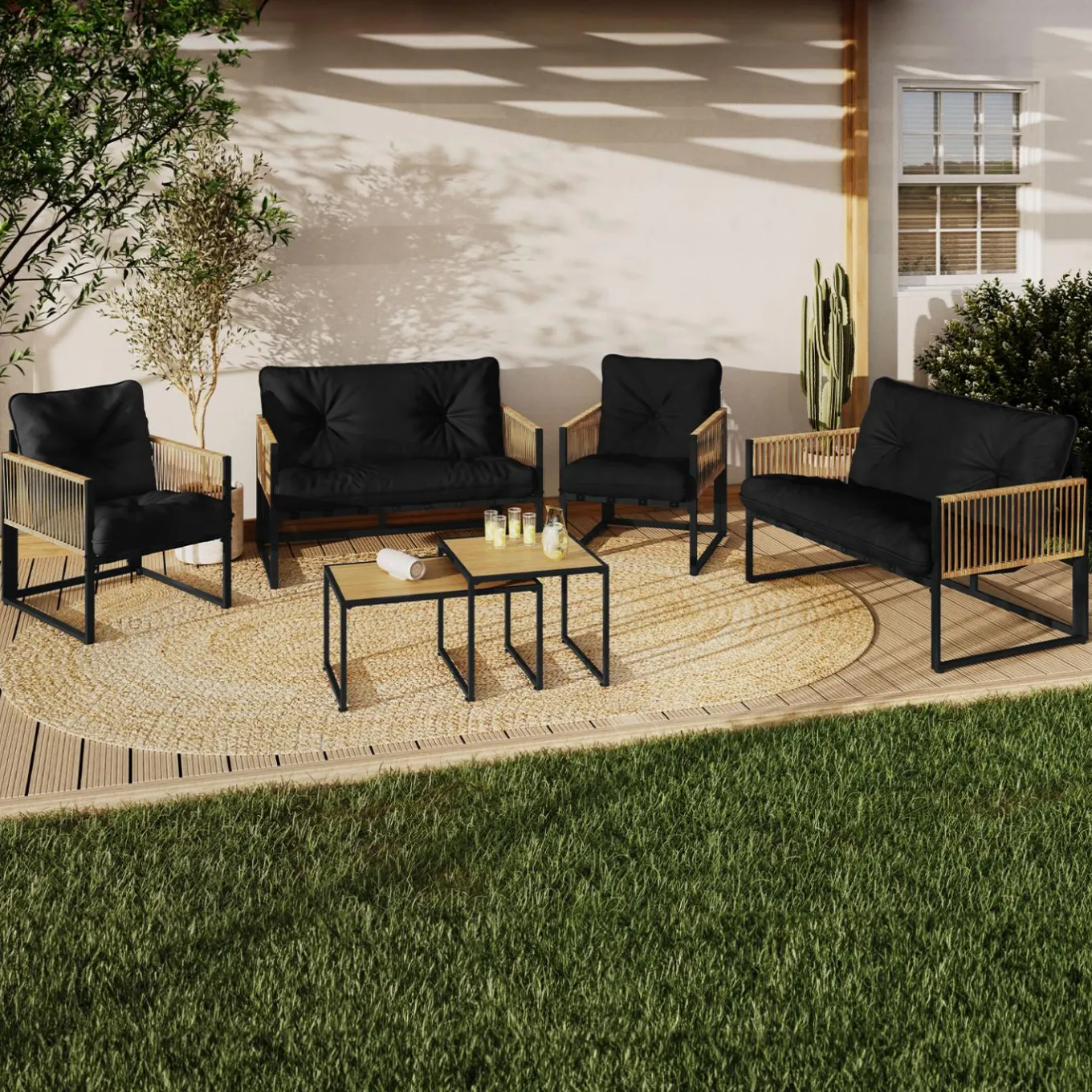 IDMarket Salon de jardin bas 6 personnes canapés et fauteuils noir et cordage effet rotin clair avec tables basses* Salons De Jardin