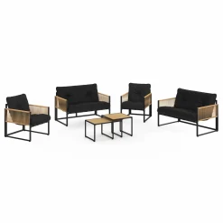 IDMarket Salon de jardin bas 6 personnes canapés et fauteuils noir et cordage effet rotin clair avec tables basses* Salons De Jardin
