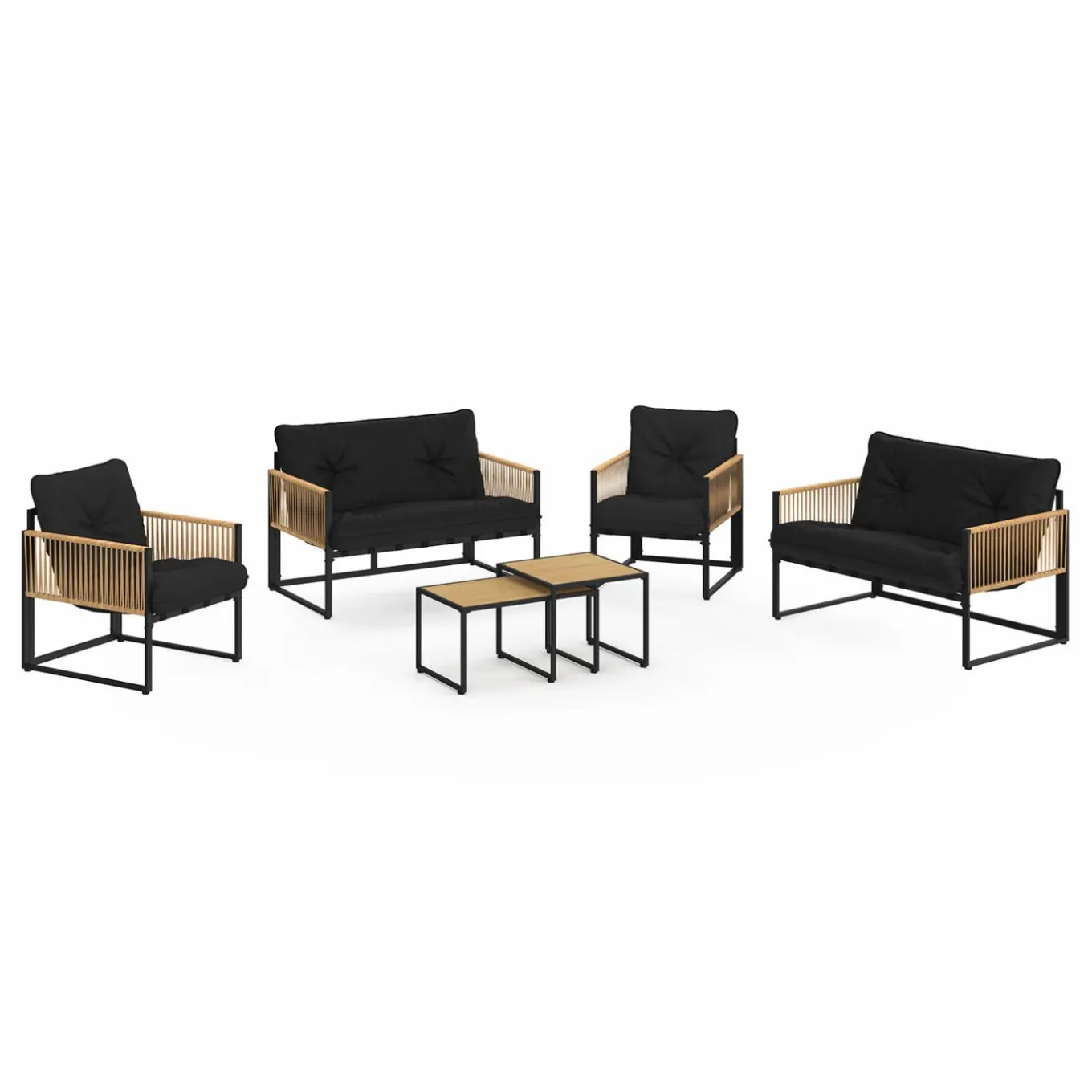 IDMarket Salon de jardin bas 6 personnes canapés et fauteuils noir et cordage effet rotin clair avec tables basses* Salons De Jardin