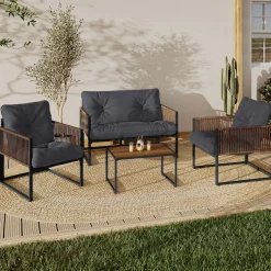 IDMarket Salon de jardin bas 4 places acier gris et cordage marron* Salons De Jardin
