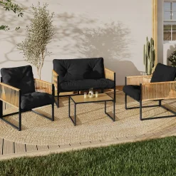 IDMarket Salon de jardin bas 4 places acier noir, cordage rotin clair et coussins noir* Salons De Jardin
