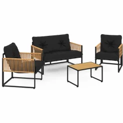 IDMarket Salon de jardin bas 4 places acier noir, cordage rotin clair et coussins noir* Salons De Jardin