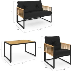 IDMarket Salon de jardin bas 4 places acier noir, cordage rotin clair et coussins noir* Salons De Jardin