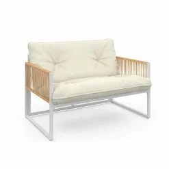 IDMarket Salon de jardin bas 4 places acier blanc, cordage rotin clair et coussins beige* Salons De Jardin