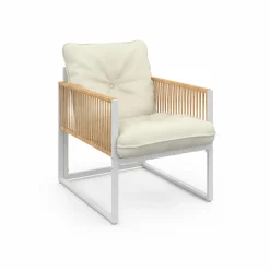 IDMarket Salon de jardin bas 4 places acier blanc, cordage rotin clair et coussins beige* Salons De Jardin