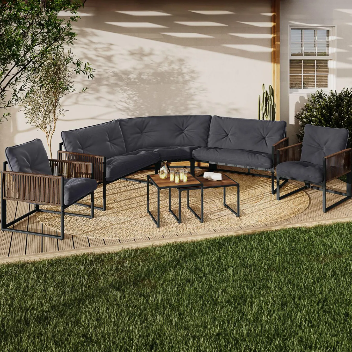 IDMarket Salon de jardin bas 8 places canapé d'angle, fauteuils avec coussin gris et 2 tables basses* Salons De Jardin