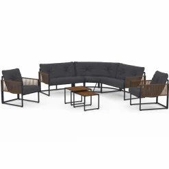 IDMarket Salon de jardin bas 8 places canapé d'angle, fauteuils avec coussin gris et 2 tables basses* Salons De Jardin