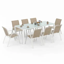 IDMarket Salon de jardin blanc et beige table 190 cm et 8 chaises empilables* Salons De Jardin