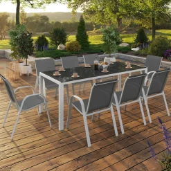 IDMarket Salon de jardin blanc et gris avec 8 chaises empilables* Salons De Jardin