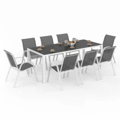 IDMarket Salon de jardin blanc et gris avec 8 chaises empilables* Salons De Jardin