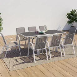 IDMarket Salon de jardin blanc et gris avec table extensible + 8 chaises* Salons De Jardin