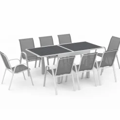 IDMarket Salon de jardin blanc et gris avec table extensible + 8 chaises* Salons De Jardin