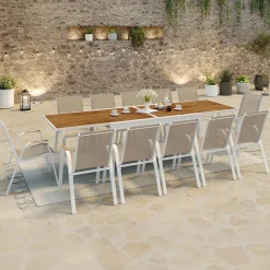 IDMarket Salon de jardin extensible 12 personnes table 135/270 cm plateau effet bois et chaises empilables blanc et bois* Salons De Jardin