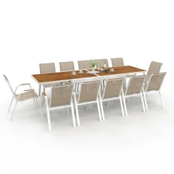 IDMarket Salon de jardin extensible 12 personnes table 135/270 cm plateau effet bois et chaises empilables blanc et bois* Salons De Jardin