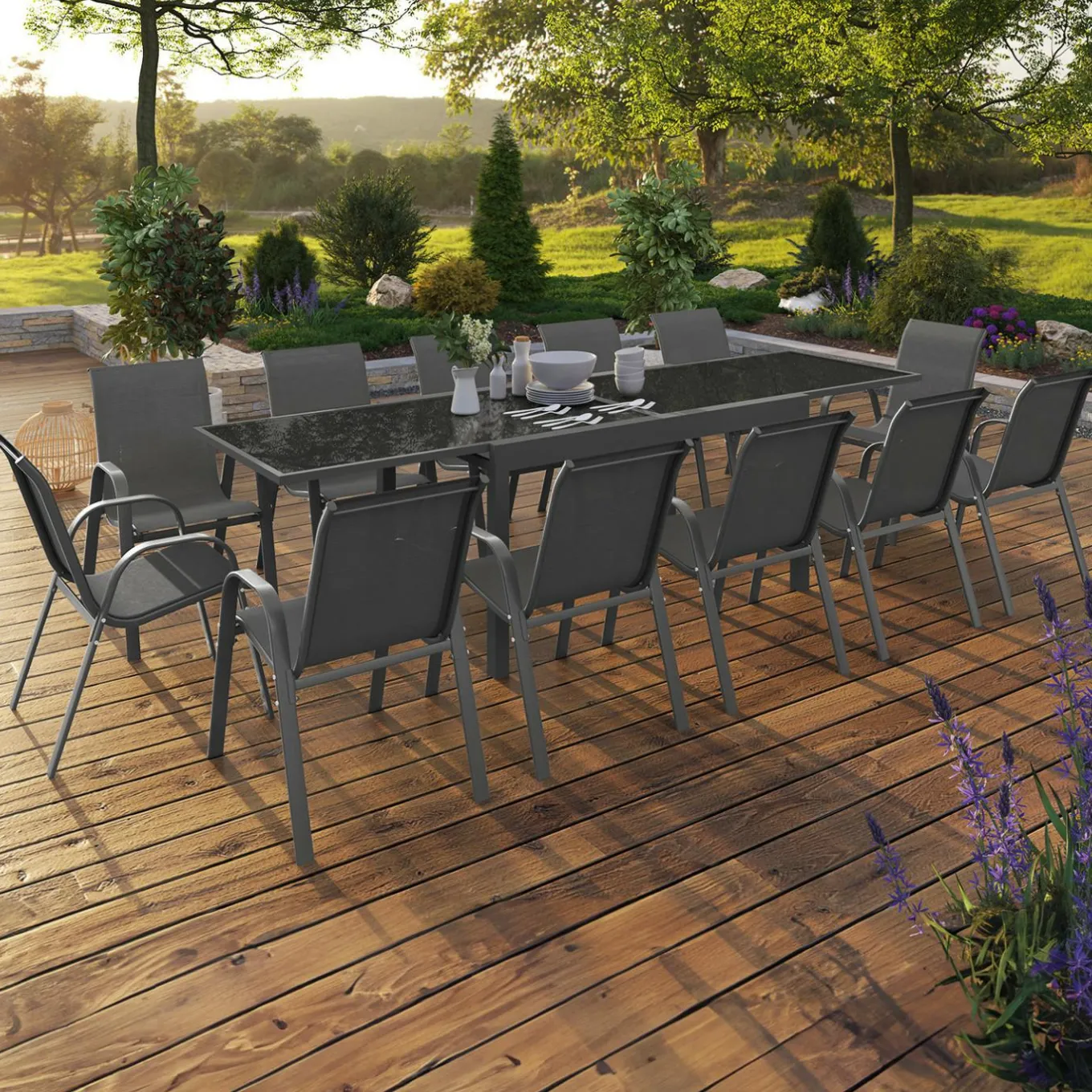 IDMarket Salon de jardin gris anthracite avec table extensible et 12 chaises* Salons De Jardin