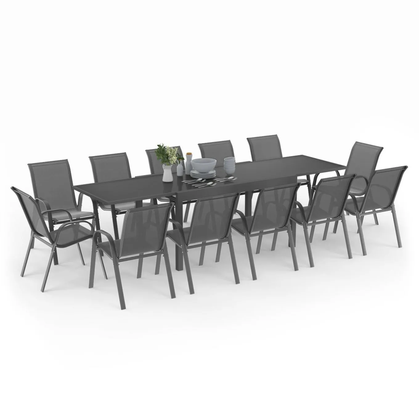 IDMarket Salon de jardin gris anthracite avec table extensible et 12 chaises* Salons De Jardin
