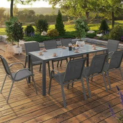 IDMarket Salon de jardin gris anthracite table 190 cm et 8 chaises empilables* Salons De Jardin