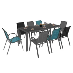 IDMarket Salon de jardin mix color bleu, gris et noir table 190 cm et 8 chaises empilables* Salons De Jardin
