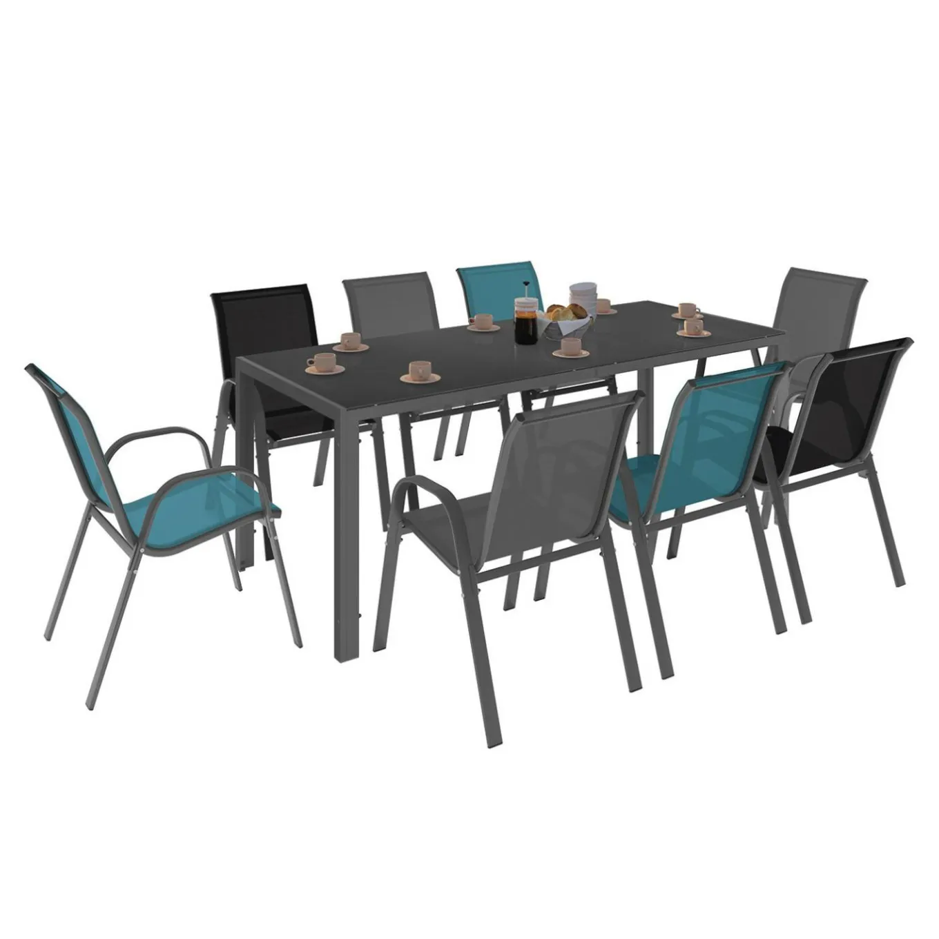 IDMarket Salon de jardin mix color bleu, gris et noir table 190 cm et 8 chaises empilables* Salons De Jardin