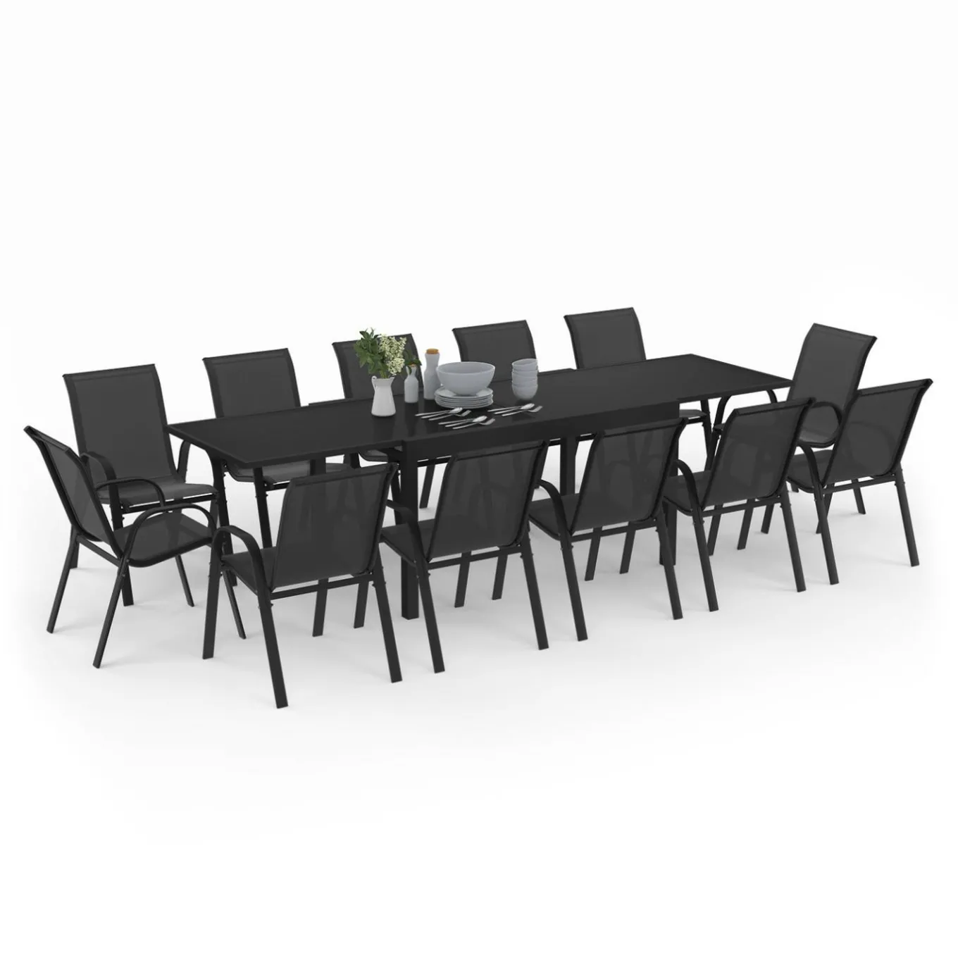 IDMarket Salon de jardin noir avec table extensible et 12 chaises empilables* Salons De Jardin