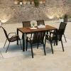 IDMarket Salon de jardin noir et bois avec table 150 cm plateau verre trempé effet bois et 6 chaises empilables* Salons De Jardin