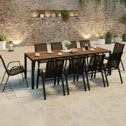 IDMarket Salon de jardin noir et bois table de jardin 240 cm avec 10 chaises empilables* Salons De Jardin