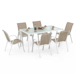 IDMarket Salon de jardin 6 personnes chaises empilables blanc et beige table 150 cm* Salons De Jardin