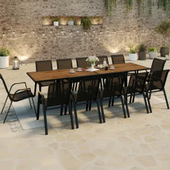 IDMarket Salon de jardin table extensible avec plateau verre trempé effet bois et chaises empilables* Salons De Jardin