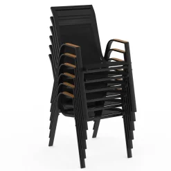 IDMarket Salon de jardin table extensible avec plateau verre trempé effet bois et chaises empilables* Salons De Jardin