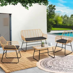 IDMarket Salon d’extérieur en résine tressée façon rotin et acier noir* Salons De Jardin